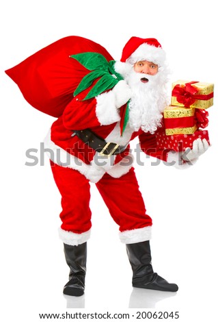 Happy Christmas Santa with gifts. Over white background