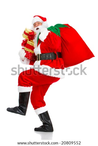Happy Christmas Santa with gifts. Over white background