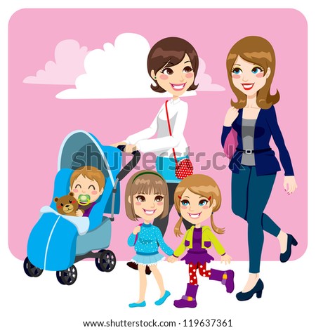 Two mother friends pushing stroller walking with little baby son and child daughters