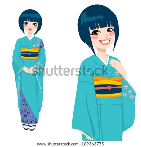 Beautiful japanese woman wearing a blue green and violet kimono with delicate flowers isolated on white background