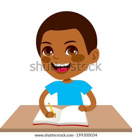 Cute Little Black Student Boy Writing Stock Vector 199300034 - Shutterstock