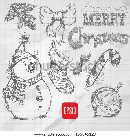 stock vector christmas retro sketch doodles on old paper background vector sketch style illustration set 156845129