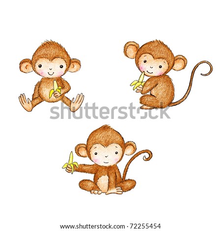 stock photo drawing of three monkeys with bananas on white background 72255454