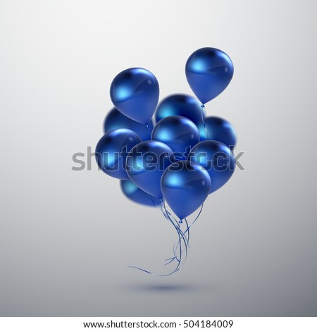 Vector festive illustration of flying realistic glossy balloons. Blue birthday balloon bunch. Decorative 3D element for party invitation design