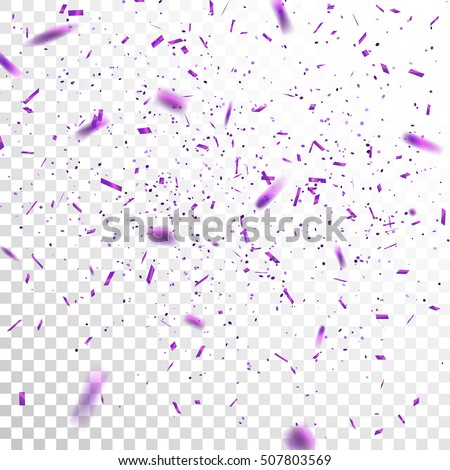 Purple Confetti. Vector Festive Illustration of Falling Shiny Confetti Isolated on Transparent Checkered Background. Holiday Decorative Tinsel Element for Design