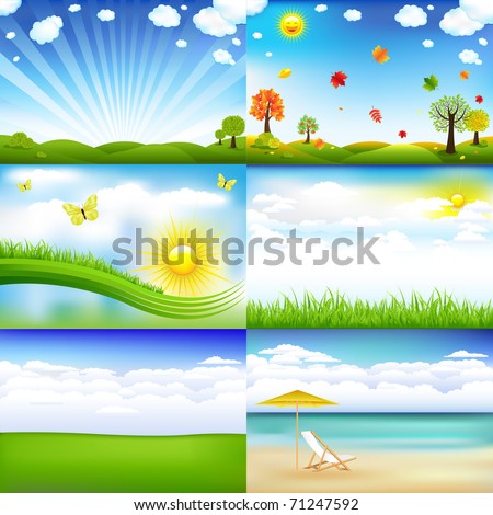 6 Beautiful Landscape With Trees And Clouds, Vector Illustration