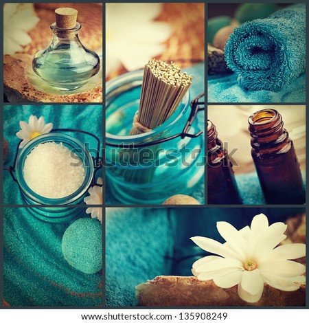 Spa collage series. Spa collage made of five images. Floral water, bath salt, candles and towel.