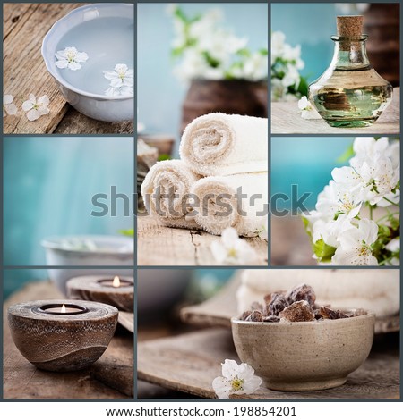 Spa collage series. Spa collage made of five images. Floral water, cherry flowers, bath salt, candles and towel.