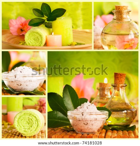 Spa collage made of five images. Floral water, bath salt, candles and towel.