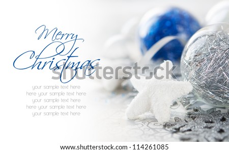 Blue and silver xmas decoration with copy space. Merry christmas.
