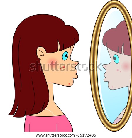 Sad teenager girl looking at mirror and seeing acne - stock photo