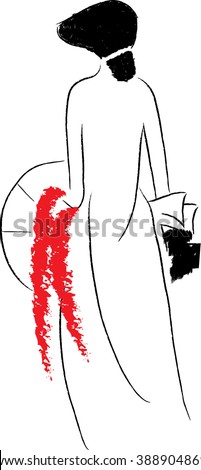 Graceful young Vietnamese woman in traditional Ao Dai dress and holding red scarf and conical hat. Vector illustration may be edited and re-sized without loosing quality.