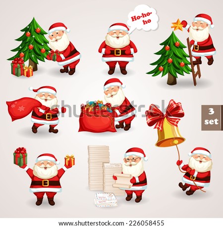 Santa Clause going to celebration Christmas. Characters set. Holiday vector illustration