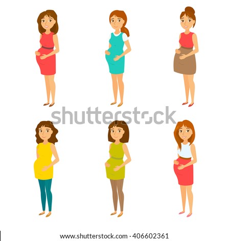 Pregnant fashion set. Happy mom expecting baby in dresses. Model with different hairstyles and clothes. Fashion look Beautiful mother.
