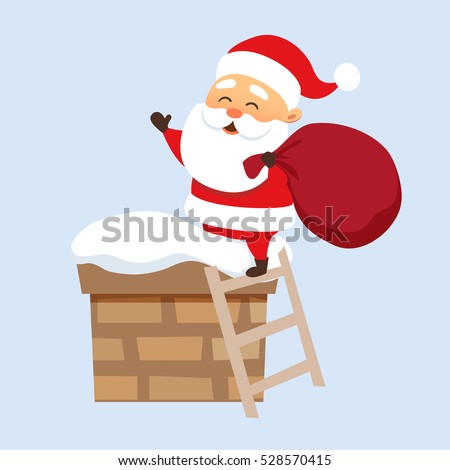 Santa Claus Christmas illustration. Father Frost climbs on the roof chimney on the stairs and hold bag . New year character design.