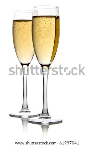 A glass of champagne, isolated on a white background.