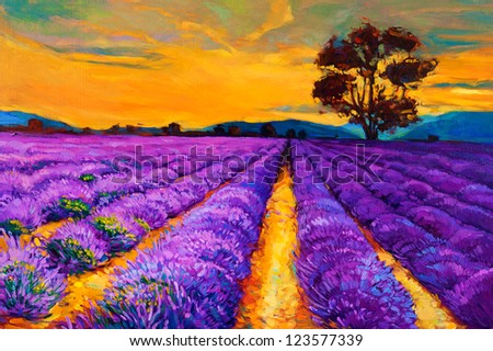 Original oil painting of lavender fields on canvas.Sunset landscape ...