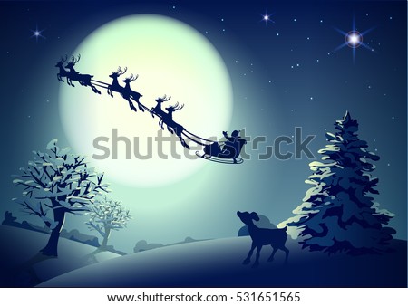 Santa Claus in sleigh and reindeer sled on background of full moon in night sky Christmas. Vector illustration for greeting card