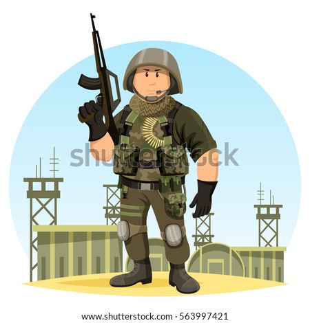 United states or US soldier in ammunition at camp or base. Military man or male with gun or rifle, helmet and ammo. Cartoon officer or infantry in camouflage, marine sergeant. Iraq war theme.