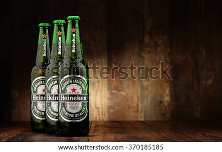POZNAN, POLAND - DECEMBER 18, 2015: Heineken Lager Beer is the flagship product of Heineken International which owns over 125 breweries in more than 70 countries