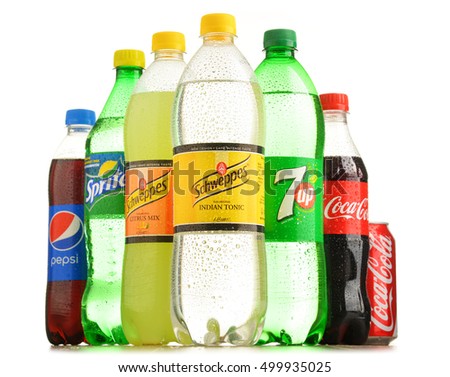 POZNAN, POLAND - OCT 13, 2016: Global soft drink market is dominated by brands of few multinational companies founded in North America. Among them are Pepsico, Coca Cola and Dr. Pepper Snapple Group