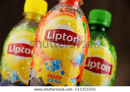 POZNAN, POLAND - NOV 4, 2016: Lipton Ice Tea is a soft drink brand sold by Lipton belonging to Unilever, a British-Dutch multinational consumer goods company.