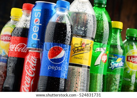 POZNAN, POLAND - NOV 23, 2016: Global soft drink market is dominated by brands of few multinational companies founded in North America. Among them are Pepsico, Coca Cola and Dr. Pepper Snapple Group