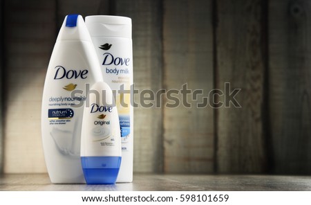 POZNAN, POLAND - MAR 2, 2017: Introduced to the British market in 1955, Dove is a personal care brand, now owned by Unilever and sold in more than 80 countries