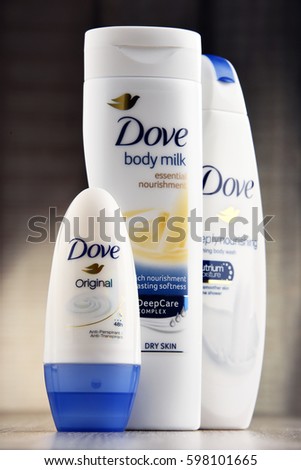 POZNAN, POLAND - MAR 2, 2017: Introduced to the British market in 1955, Dove is a personal care brand, now owned by Unilever and sold in more than 80 countries