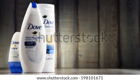 POZNAN, POLAND - MAR 2, 2017: Introduced to the British market in 1955, Dove is a personal care brand, now owned by Unilever and sold in more than 80 countries