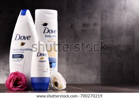 POZNAN, POLAND - AUG 11, 2017: Introduced to the British market in 1955, Dove is a personal care brand, now owned by Unilever and sold in more than 80 countries