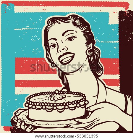 Vintage vector illustration of beauty woman housewife serving cake. Woman holding a cake with textured background. Isolated artwork object. Suitable for any print and on-line media need.