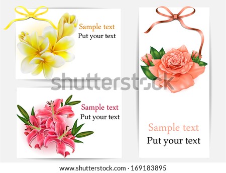 Set of beautiful gift cards with pastel roses, plumerias , lilies and gift bows, may be used for Women's Day