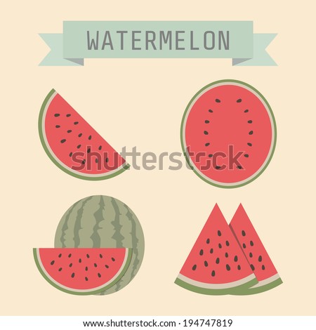 set of watermelon with sign, flat style