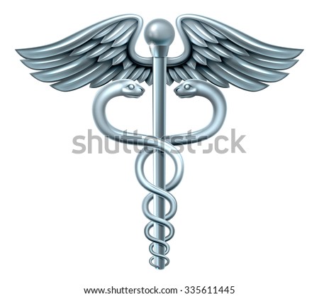 Caduceus medical symbol or symbol for commerce featuring intertwined snakes around a winged rod