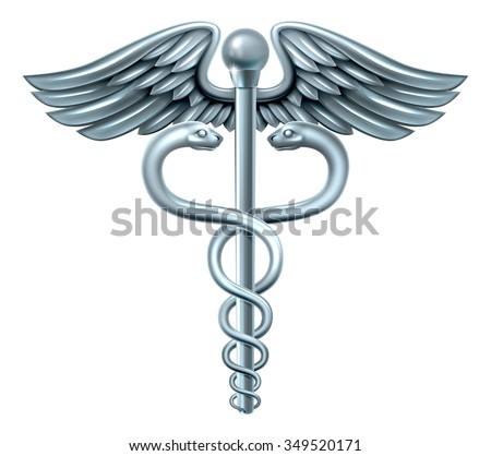 Caduceus medical symbol or symbol for commerce featuring intertwined snakes around a winged rod