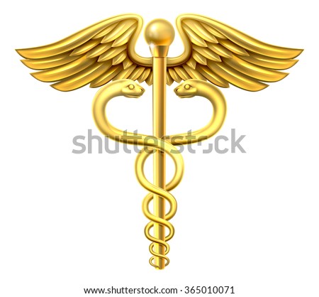 A gold caduceus medical symbol or symbol for commerce featuring intertwined snakes around a winged rod