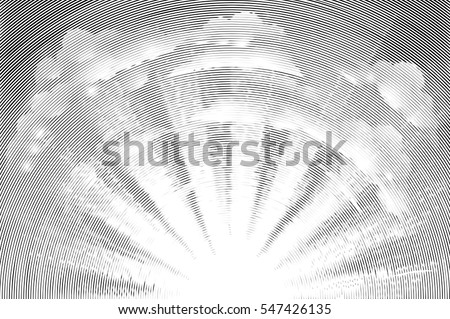 Original illustration of the sun rising with clouds in the sky in a vintage etched woodcut engraving retro style