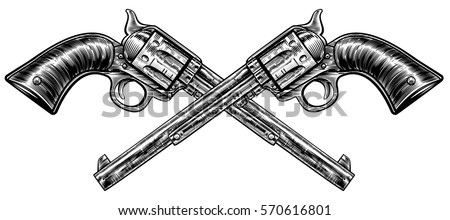 A pair of crossed pistol guns in a vintage etched engraved style