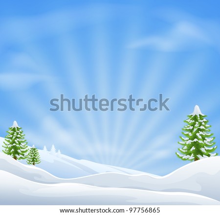 An illustration of an idyllic snow covered Christmas landscape with large sky area for copy when used as a holiday background