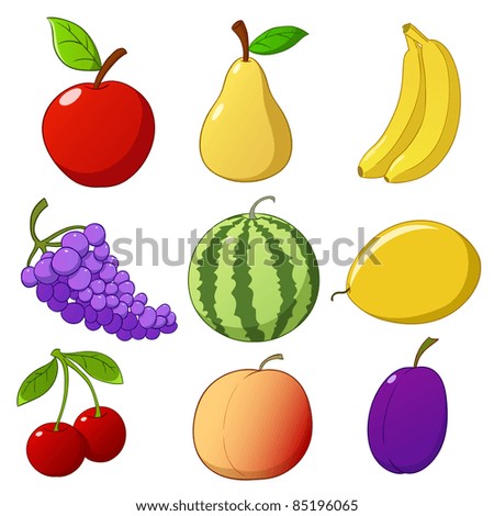 Set cartoon hand drawn fruits isolated on white background. Vector illustration.