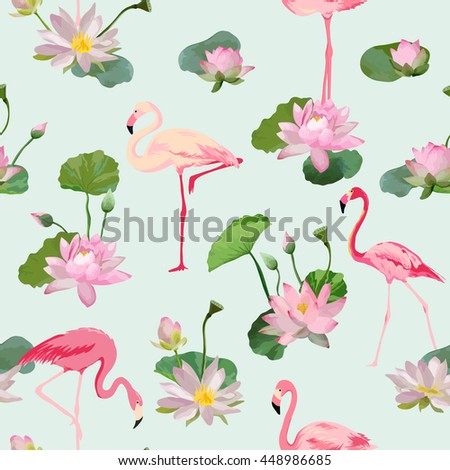Flamingo Bird and Waterlily Flowers Background. Retro Seamless Pattern. Vector Texture.