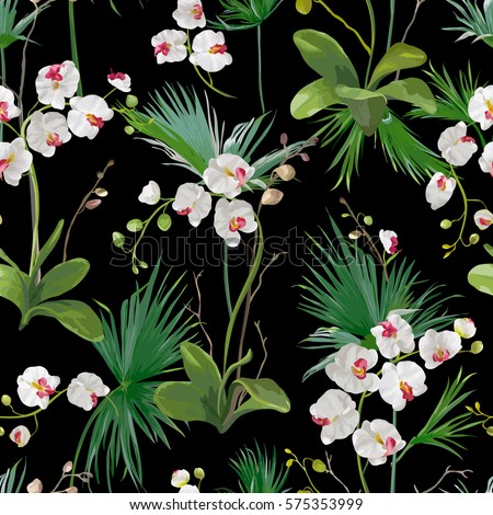 Tropical Palm Leaves and Orchid Flowers Background. Seamless Pattern in Vector