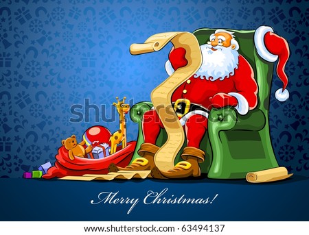 santa claus sitting in armchair with sack of gift reading vector illustration