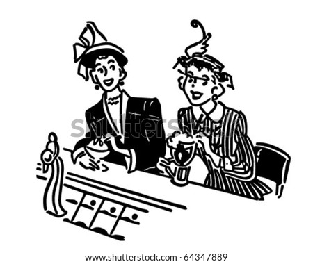 Two Gals At The Soda Shop - Retro Clipart Illustration - stock vector