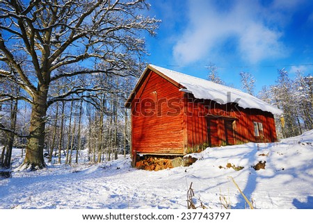 Old Rural Barn Cottage Winter And Snow Scenery From Sweden
