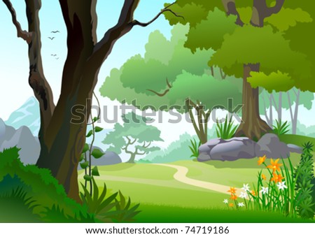 TROPICAL RAIN FOREST TREES AND LONELY PATHWAY