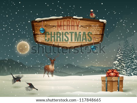 Winter holidays landscape with wooden sign. Vector Illustration.