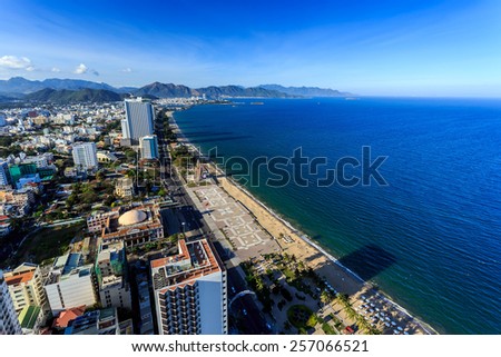Aerial view over Nha Trang city, Vietnam taken from rooftop, extreme wide angle