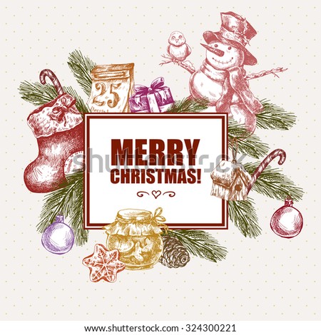 Winter hand drawn greeting card with Christmas elements, Snowman Spruce Socks Candy Jam Pine cone, Vintage vector Merry Christmas and Happy New Year illustration